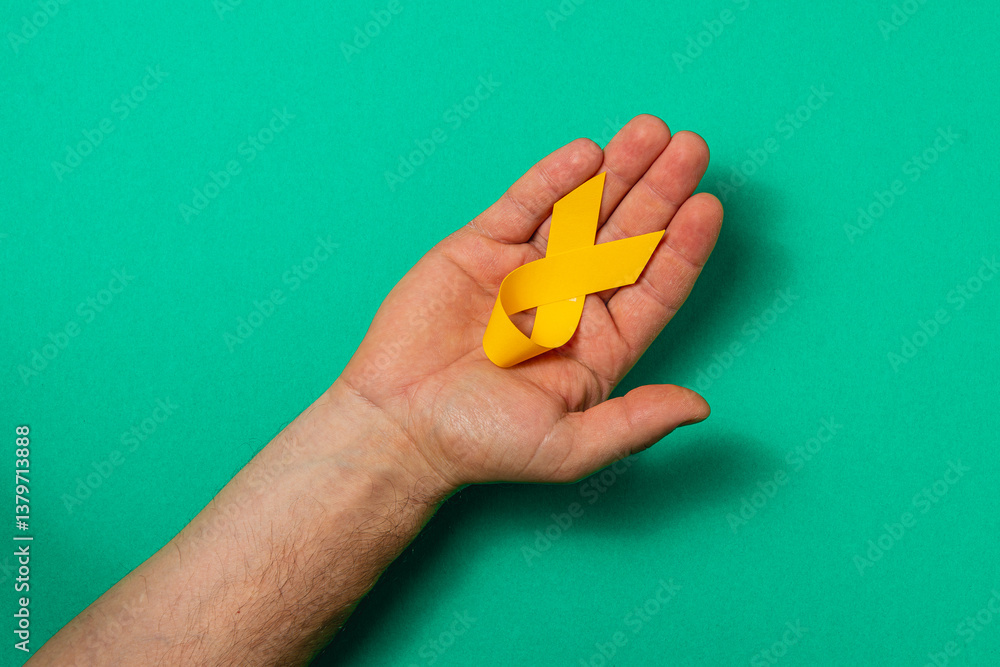 Support and awareness for cancer through a yellow ribbon held in hand Support and awareness for cancer through a yellow ribbon held in hand