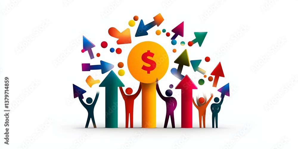 A vibrant illustration depicting a diverse team of people, each contributing an arrow to a central profit symbol, symbolizing collaboration, motivation and achieving comm A vibrant illustration depicting a diverse team of people, each contributing an arrow to a central profit symbol, symbolizing collaboration, motivation and achieving comm
