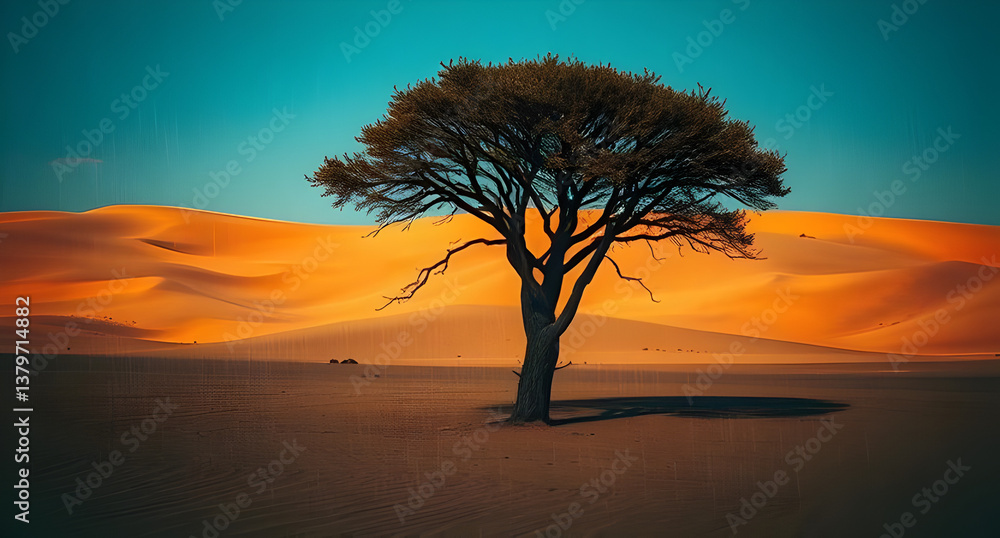 Ancient Argan Tree in the Moroccan Desert with Golden Sand Dunes Ancient Argan Tree in the Moroccan Desert with Golden Sand Dunes