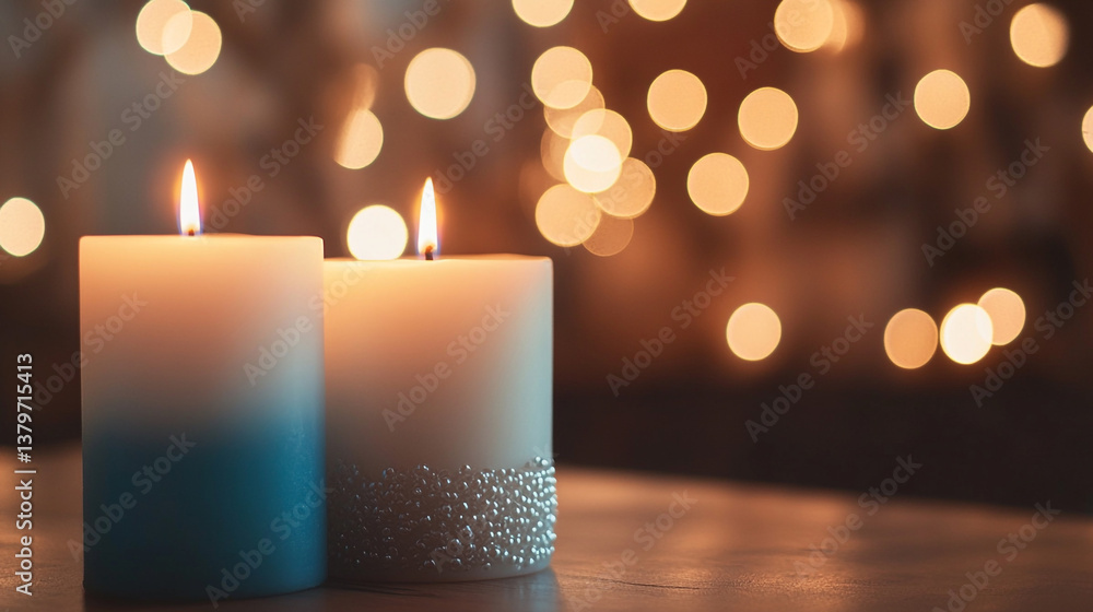Romantic Duo Teal and Decorated Candles with Bokeh Background, Festive Lighting Romantic Duo Teal and Decorated Candles with Bokeh Background, Festive Lighting