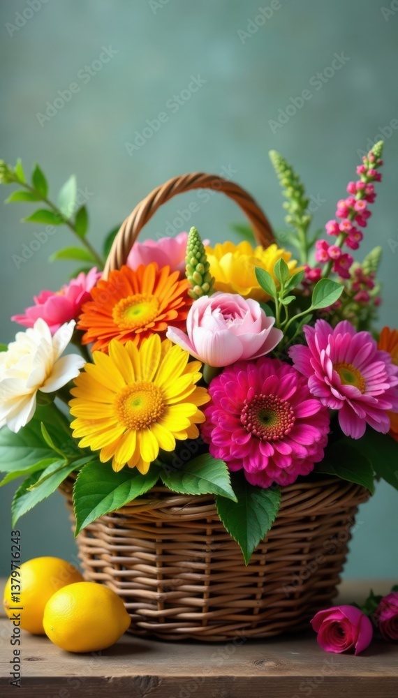 Obraz premium Beauty collection of colorful flowers and foliage in a wooden basket, foliage, arrangement