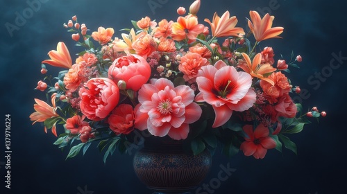 Vibrant Coral and Peach Floral Arrangement. Generative AI