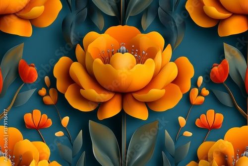 3D Textured Orange and Teal Floral Pattern