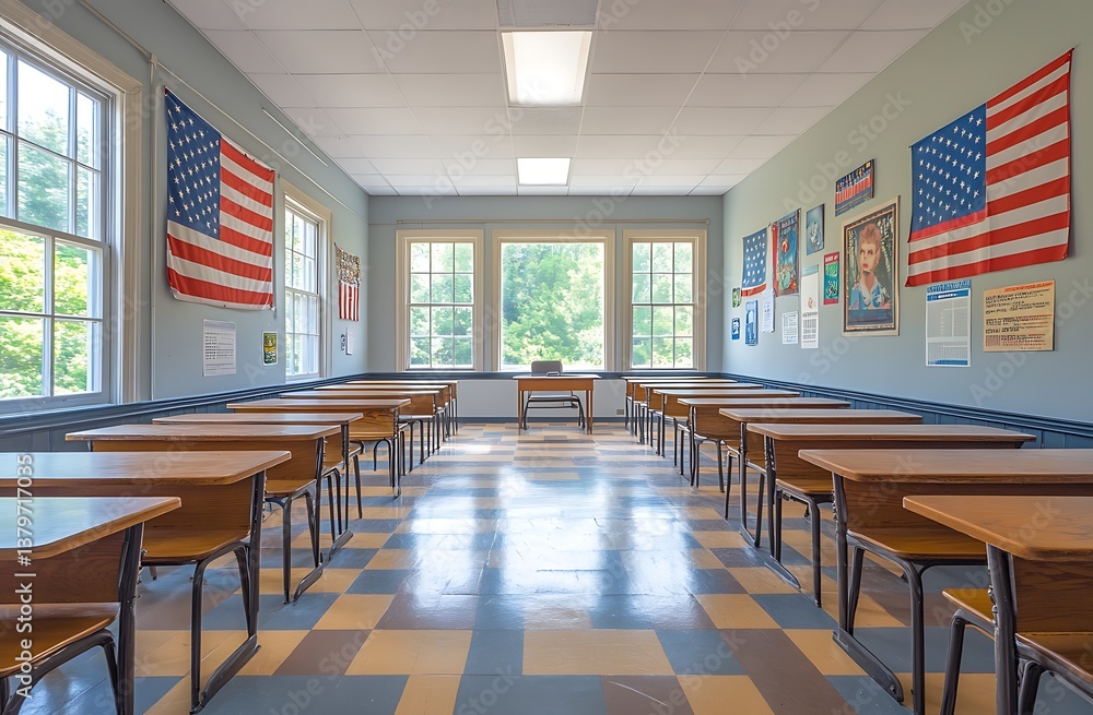 Nostalgic American Classroom with Desks, American Flags, and Natural Light Nostalgic American Classroom with Desks, American Flags, and Natural Light
