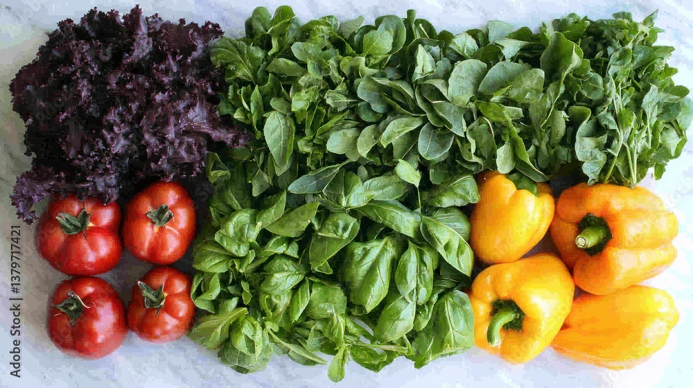 Fresh vegetables arranged on marble, showcasing salad greens, tomatoes, basil, and peppers Fresh vegetables arranged on marble, showcasing salad greens, tomatoes, basil, and peppers