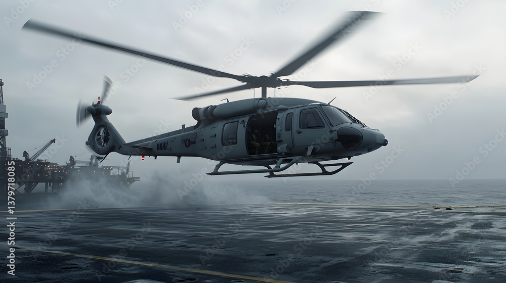 High-Tech Military Helicopter Preparing for Takeoff from Offshore Platform in Dramatic Weather High-Tech Military Helicopter Preparing for Takeoff from Offshore Platform in Dramatic Weather