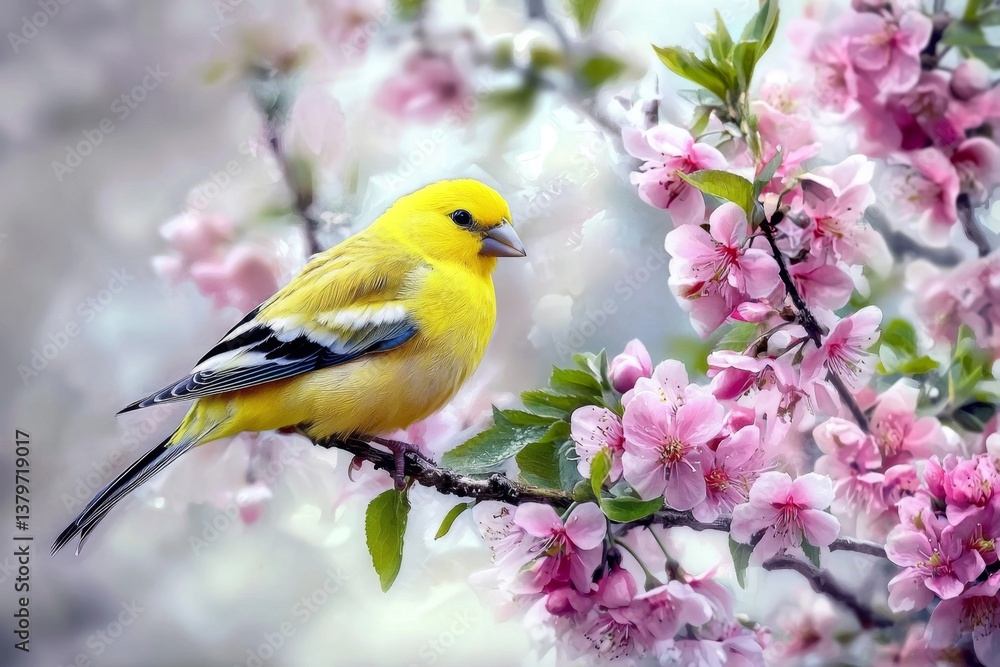 Springtime beauty featuring a canary in a picturesque setting. Springtime beauty featuring a canary in a picturesque setting.