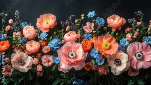 Exquisite Floral Composition: Peonies and Poppies. Generative AI