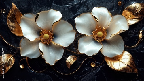 Golden Accents:  White Floral Still Life. Generative AI