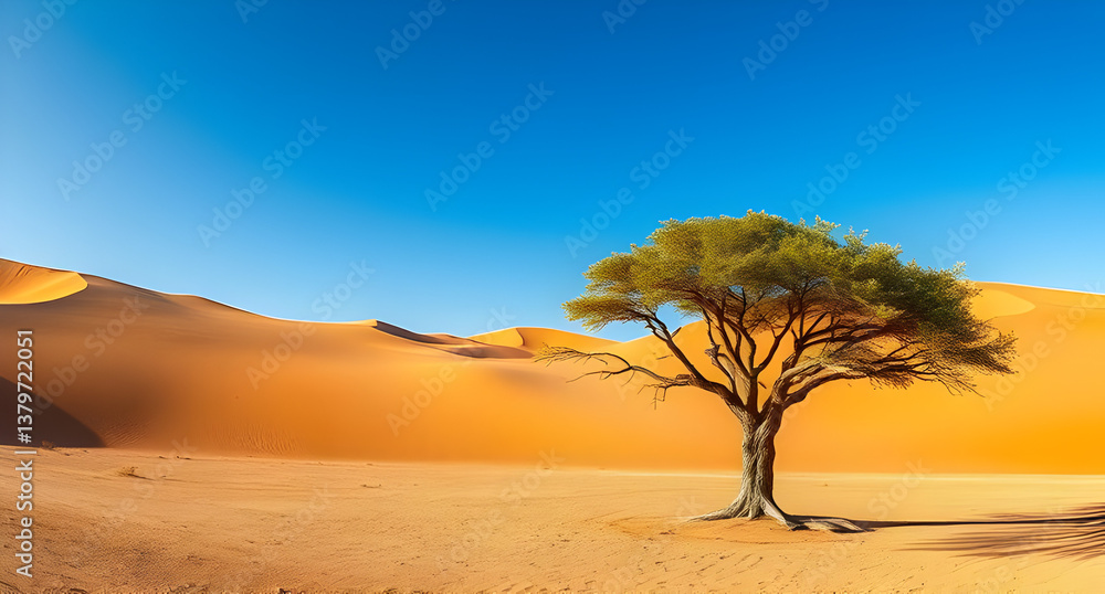 Fototapeta premium Ancient Argan Tree in the Moroccan Desert with Golden Sand Dunes