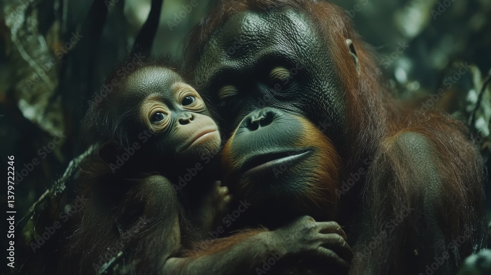 Fototapeta premium Orangutan Mother and Baby in Rainforest Embrace. Generative AI