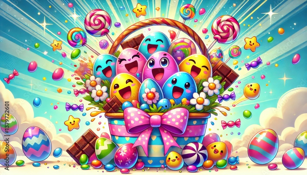 Fototapeta premium Cartoon basket filled with colorful Easter eggs. Easter celebration.