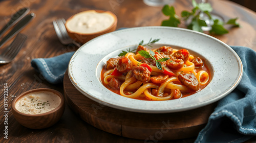 Un rico y caliente plato de rico espagueti a la puttanesca