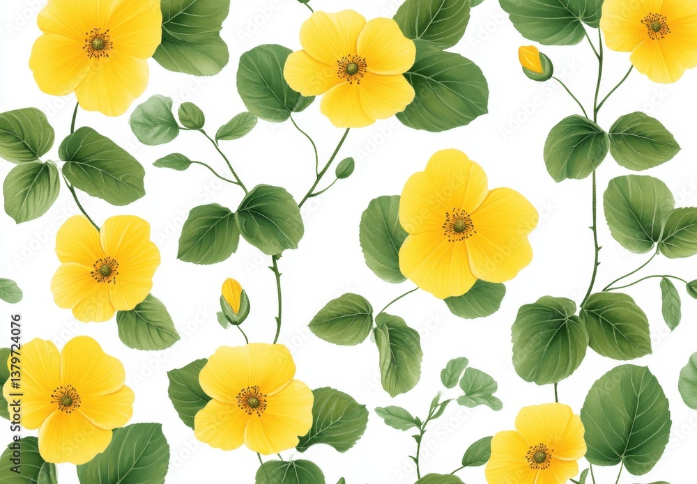 Bright yellow flowers with lush green leaves creating a seamless pattern for delightful flat design projects Bright yellow flowers with lush green leaves creating a seamless pattern for delightful flat design projects