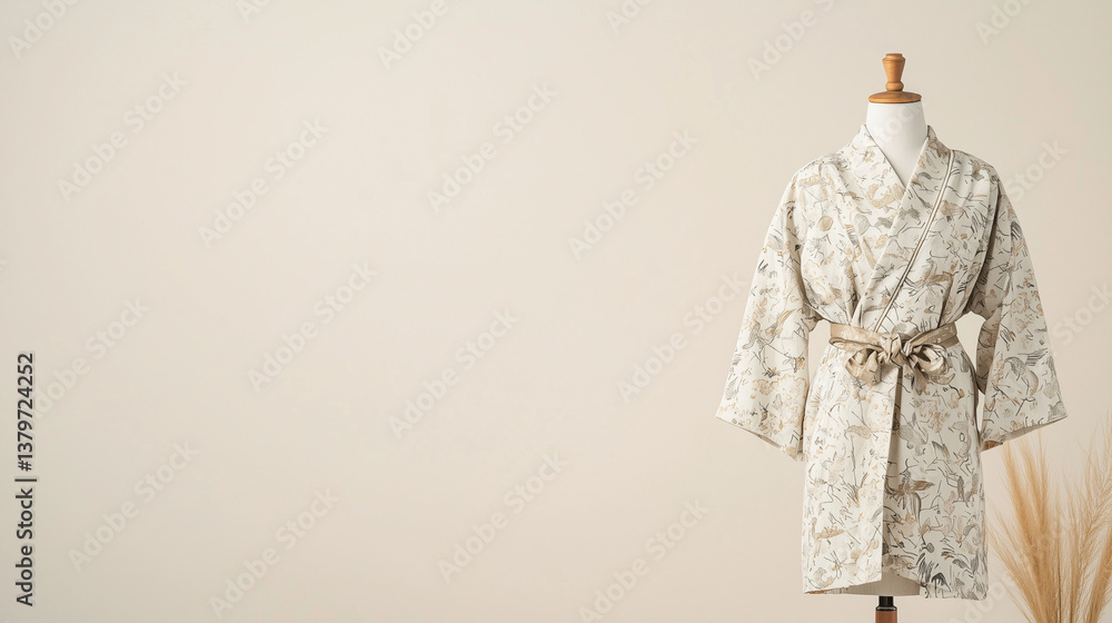 Obraz premium Japanese Kimono on a Mannequin: Exquisite kimono gracefully displayed on a mannequin, embodying elegance, tradition, and the artistry of Japanese culture.