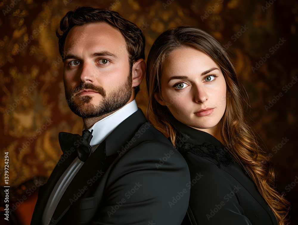 A Victorian portrait photographer taking formal portraits of a couple in front of a velvet backdrop with antique furniture.
A Victorian portrait photographer taking formal portraits of a couple in front of a velvet backdrop with antique furniture.