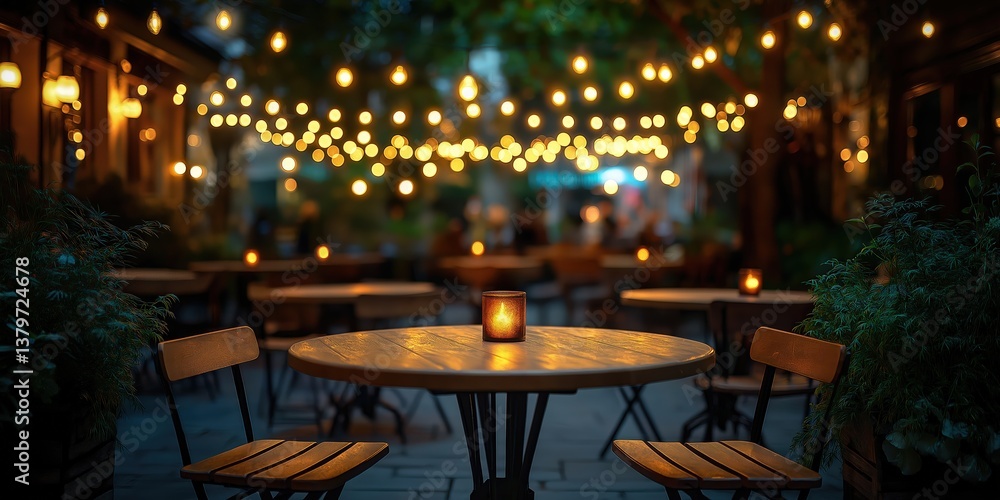 Cozy outdoor dining area, warm string lights illuminating wooden tables, creating an inviting social atmosphere for gatherings. Cozy outdoor dining area, warm string lights illuminating wooden tables, creating an inviting social atmosphere for gatherings.