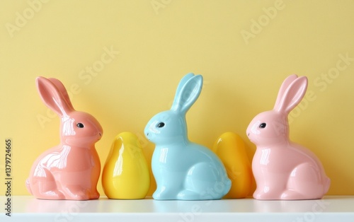 Pastel Bunny Figurines on Shelf with Yellow Egg Shaped Decoration