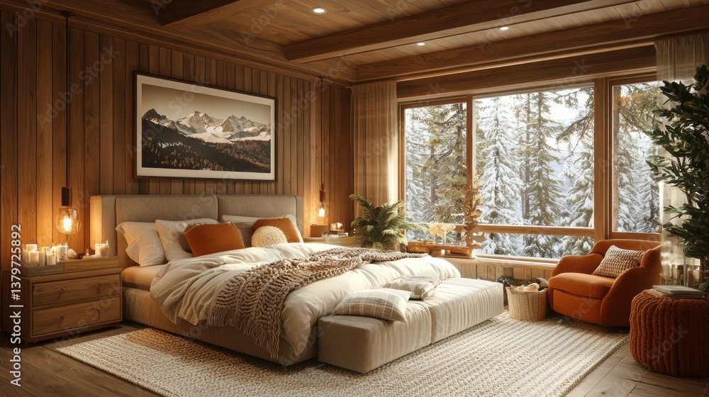 Cozy mountain bedroom with snow view Cozy mountain bedroom with snow view