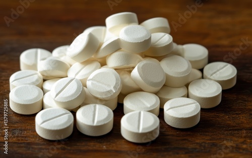 A close-up view of numerous white pills stacked on a wooden surface.