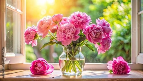 Beautiful Pink Peony Spring Flower Bouquet in a Vase on Home Window with Sunlight, Ideal for Home Decor, Spring Floral Arrangements, and Fresh Flower Photography