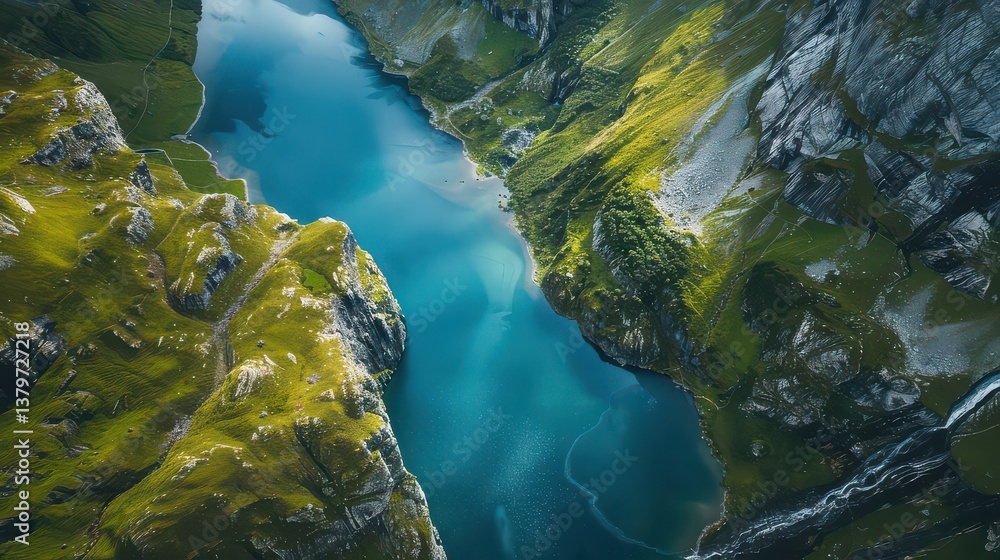 Fototapeta premium Aerial view of a serene mountain lake