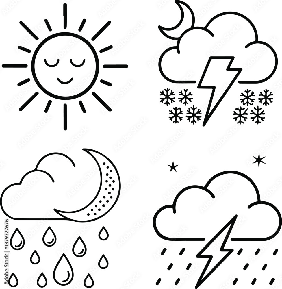 Weather Line Icons Set – Sun, Rain, Thunderstorm, Wind, Snow, Cloud, Minimal Outline Vector Weather Line Icons Set – Sun, Rain, Thunderstorm, Wind, Snow, Cloud, Minimal Outline Vector