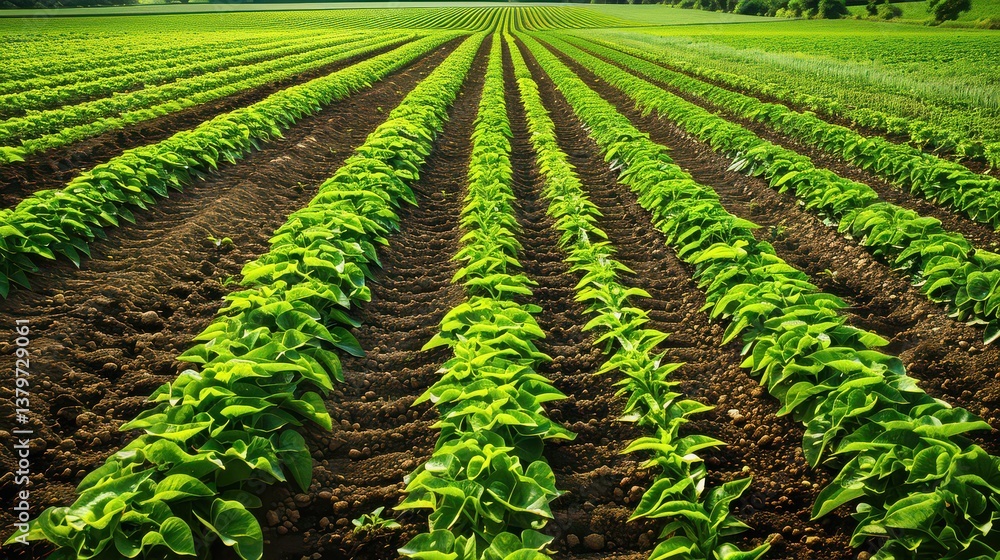 Aerial view of large plantation fields with rows of crops. Aerial view of large plantation fields with rows of crops.