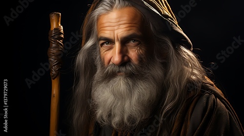 Portrait of a Wise Old Man with Long White Hair and Beard, Holding a Wooden Staff