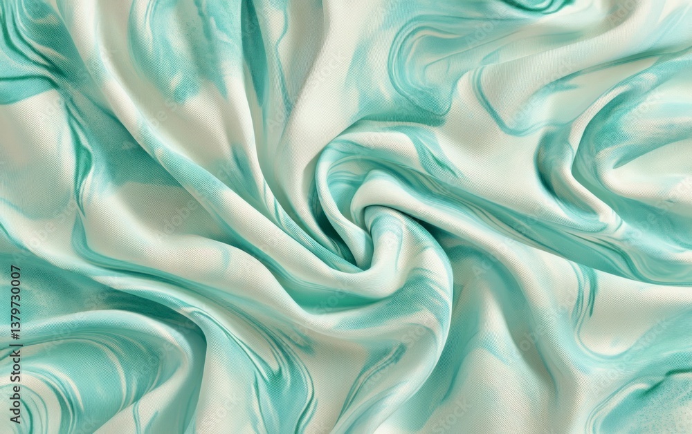 Fototapeta premium Swirling Silk Fabric with Abstract Pattern in Light Turquoise and White