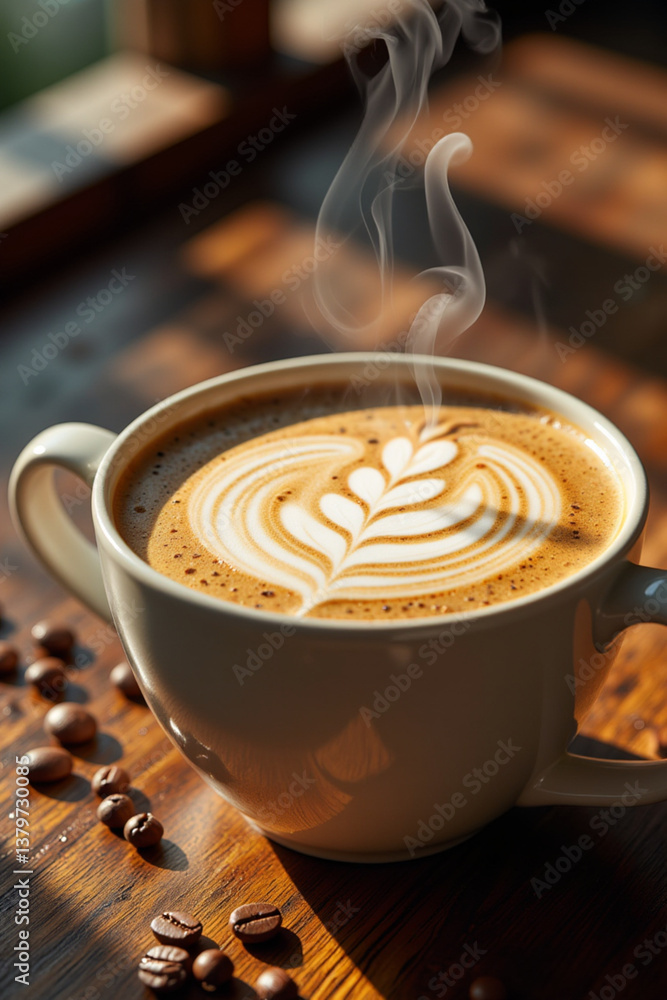Hot Steaming Cappuccino with Latte Art and Coffee Beans – Perfect Morning Coffee Hot Steaming Cappuccino with Latte Art and Coffee Beans – Perfect Morning Coffee