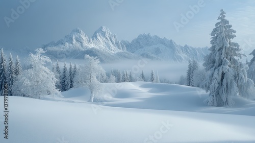 Wallpaper Mural Snow-covered trees stand before a mountain range under a foggy sky. Torontodigital.ca