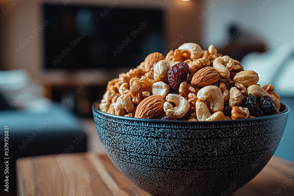 Closeup of bowl filled with assorted nuts and dried fruits. Cashews, almonds and walnuts on wooden table. Healthy and natural snack for healthy eating