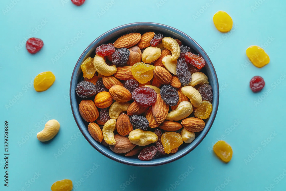 Top view of ceramic bowl filled with assorted nuts and dried fruits. Mixed almonds, cashews and raisins nuts on blue background. Healthy snack concept