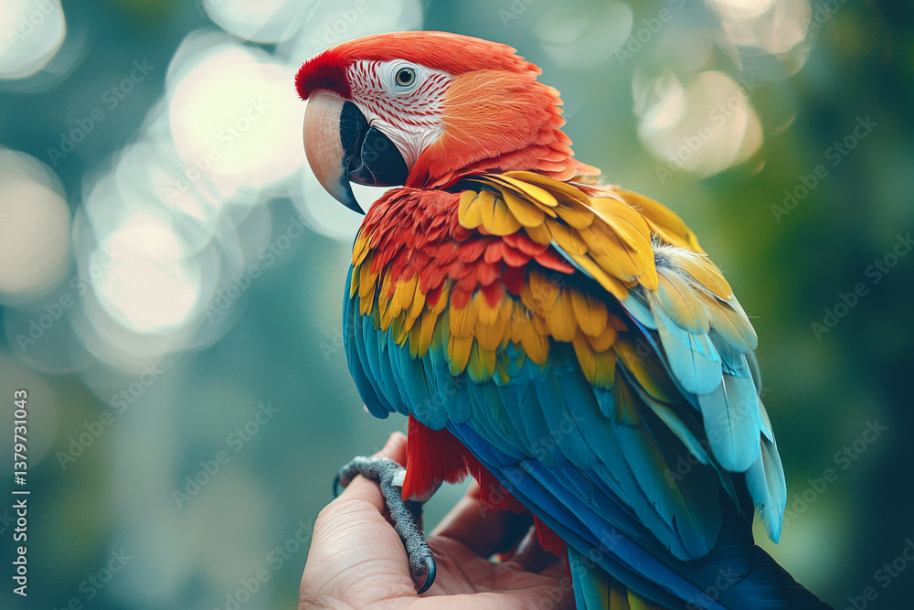 Vibrant parrot with multicolored feathers sits on person hand. Close up of tropical Macaw bird