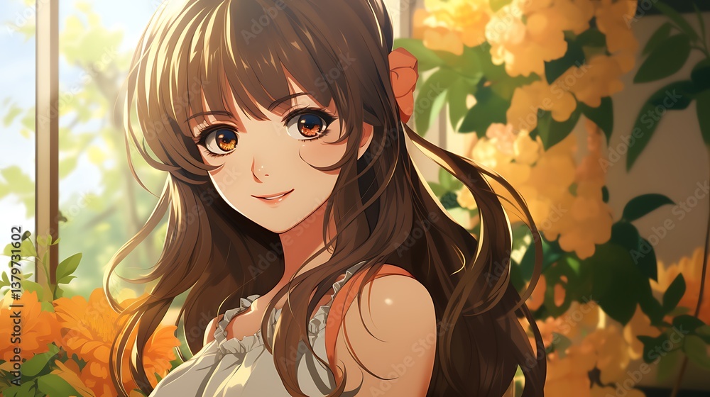 Smiling Anime Girl Near Window with Flowers Smiling Anime Girl Near Window with Flowers