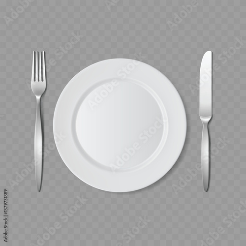 White Plate with Fork and Knife Cutlery Set Vector