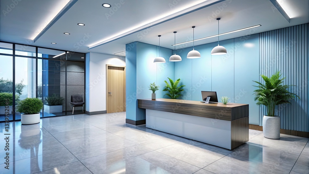 Fototapeta premium Panoramic Medical Clinic Interior Design - Soft Blur, Pale Blue Walls, Black Reception Desk