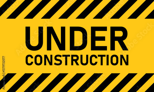 Under construction vector sign symbol. Under construction badge logotype. Under construction warning sign with black and yellow striped hazard border for safety and maintenance work area caution.
