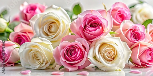 Pink Valentine's Day Flat Lay: Romantic Rose Photography,  White & Pink Roses,  Clean Aesthetic