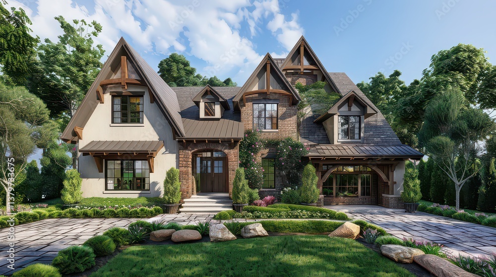 A charming English Tudor-style house with a steep roof, exposed timber framing, and manicured garden - A charming English Tudor-style house with a steep roof, exposed timber framing, and manicured garden -