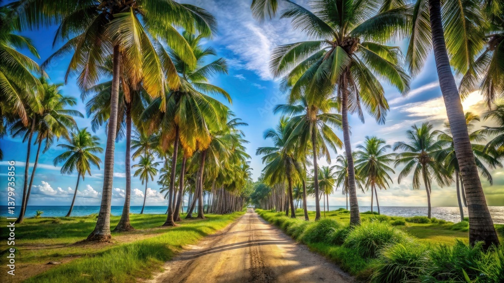 Serene Minimalist Beach Road with Coconut Trees - Scenic Dirt Pathway to Tranquil Shoreline Serene Minimalist Beach Road with Coconut Trees - Scenic Dirt Pathway to Tranquil Shoreline