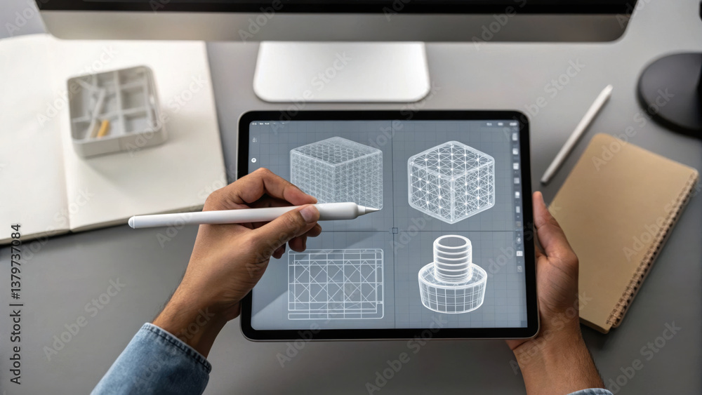 Designing 3D models on tablet with stylus, showcasing creativity and precision in digital art Designing 3D models on tablet with stylus, showcasing creativity and precision in digital art