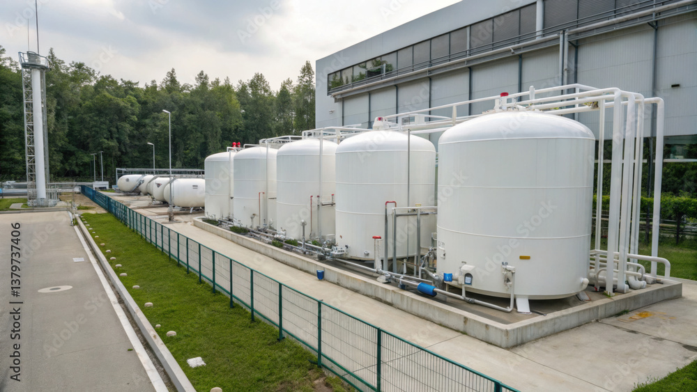 Large industrial storage tanks are lined up outside facility, surrounded by greenery. tanks are used for storing various gases or liquids Large industrial storage tanks are lined up outside facility, surrounded by greenery. tanks are used for storing various gases or liquids