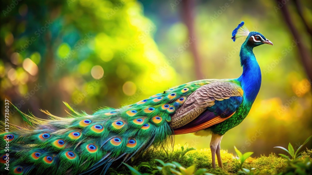 Obraz premium Stunning Tilt-Shift Photography of a Vibrant Peacock in Nature, Capturing its Colorful Feathers and Graceful Posture, Perfect for Wildlife Enthusiasts and Nature Lovers