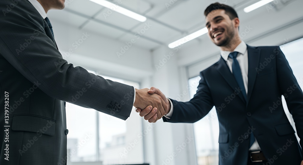 Close-up of two businessmen shaking hands in a modern office, concept for business deals, partnerships, and corporate success Close-up of two businessmen shaking hands in a modern office, concept for business deals, partnerships, and corporate success