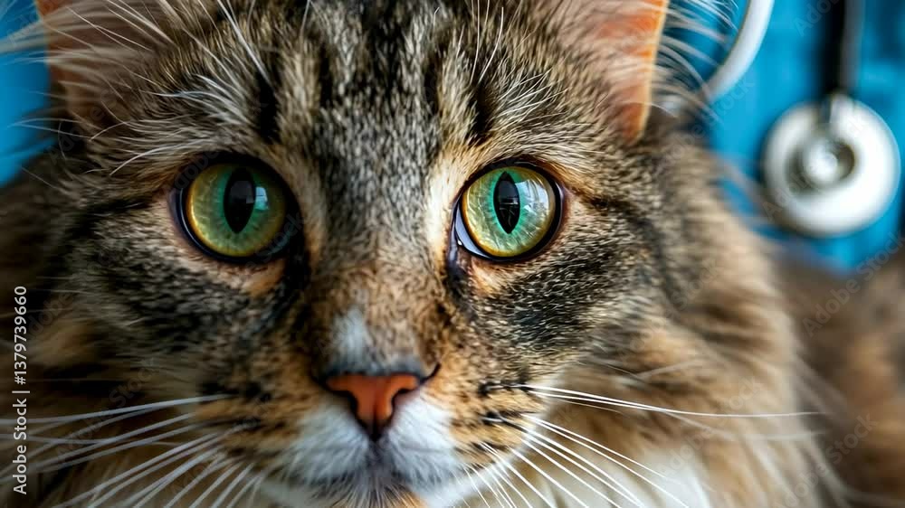 Adorable Tabby Cat with Striking Green Eyes in Medical Setting Adorable Tabby Cat with Striking Green Eyes in Medical Setting