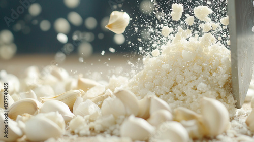 Crushed Garlic: A close-up, dynamic shot of garlic cloves being crushed, capturing the texture of the crushed garlic and flying particles.