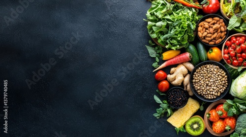 Fototapeta Naklejka Na Ścianę i Meble -  A vibrant market stall displaying fresh produce, with colorful fruits and vegetables arranged attractively and blank space for branding ,