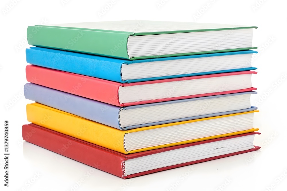 A neatly stacked set of colorful books isolated on a white background. Bright and clean image with ample space for titles or graphic elements. A neatly stacked set of colorful books isolated on a white background. Bright and clean image with ample space for titles or graphic elements.